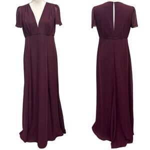 Joanna August Plum Chiffon Flutter Sleeve Maxi Bridesmaid Wedding Guest Dress